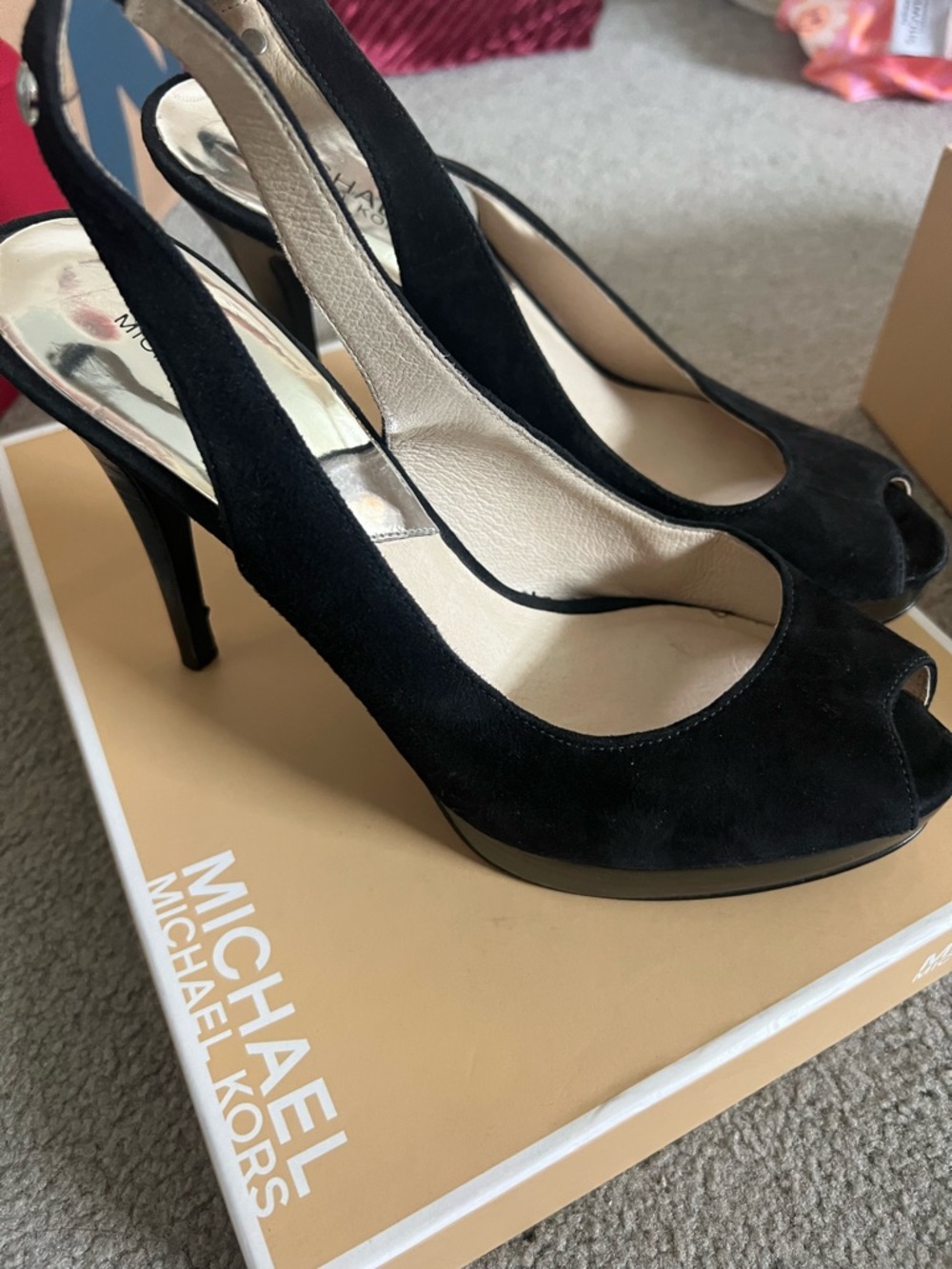 Michael Kors Black Suede Peep-Toe Slingback Heels